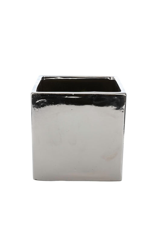 6 Inch Glossy Silver Cube Ceramic Vase 6W x 6H -- 12 Per Case