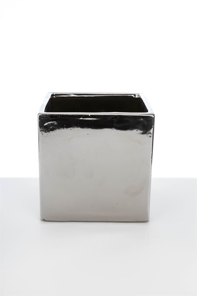 6 Inch Glossy Silver Cube Ceramic Vase 6W x 6H -- 12 Per Case