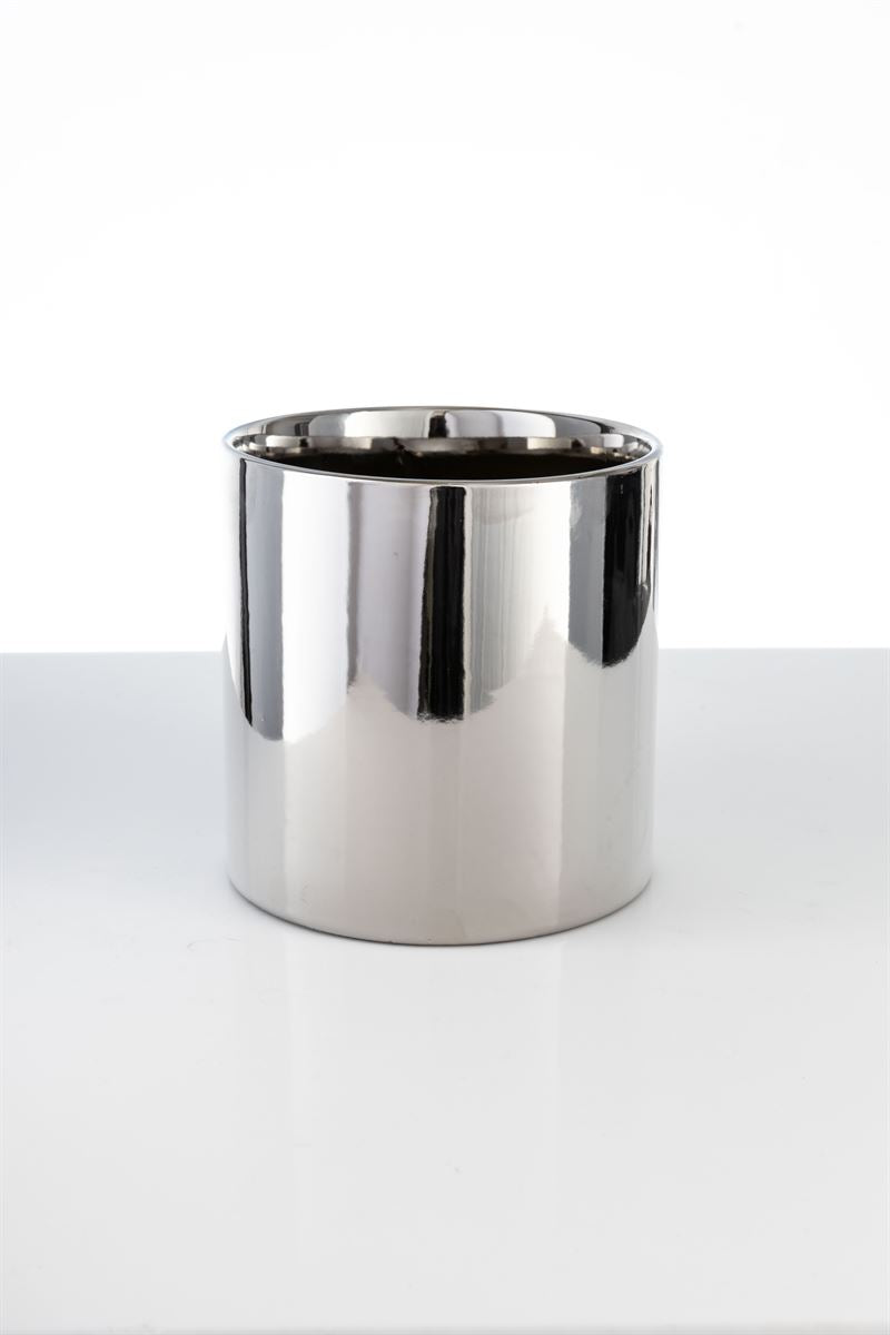 6 Inch Glossy Silver Cylinder Ceramic Vase 6W x 6H -- 12 Per Case