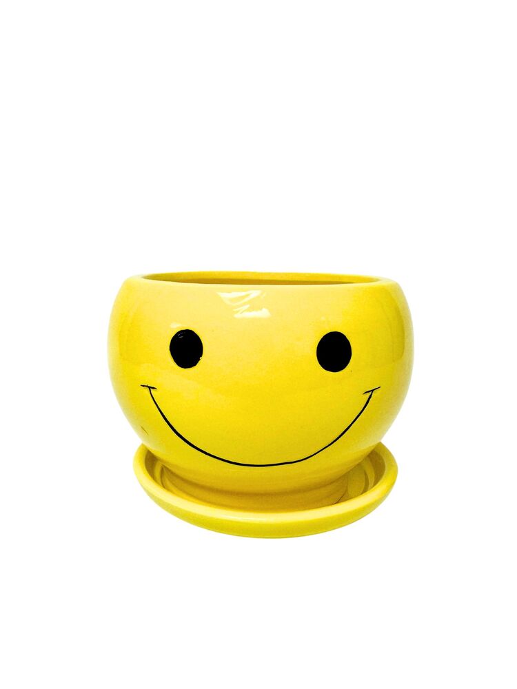 4 Inch Yellow Happy Face Fishbowl Ceramic Planter 4.5W x 4H -- 24 Per Case