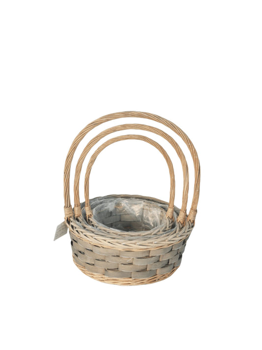 3-Piece Set Gray Round Basket with Handle and Plastic Liner 14W x 6H -- 12 Per Case