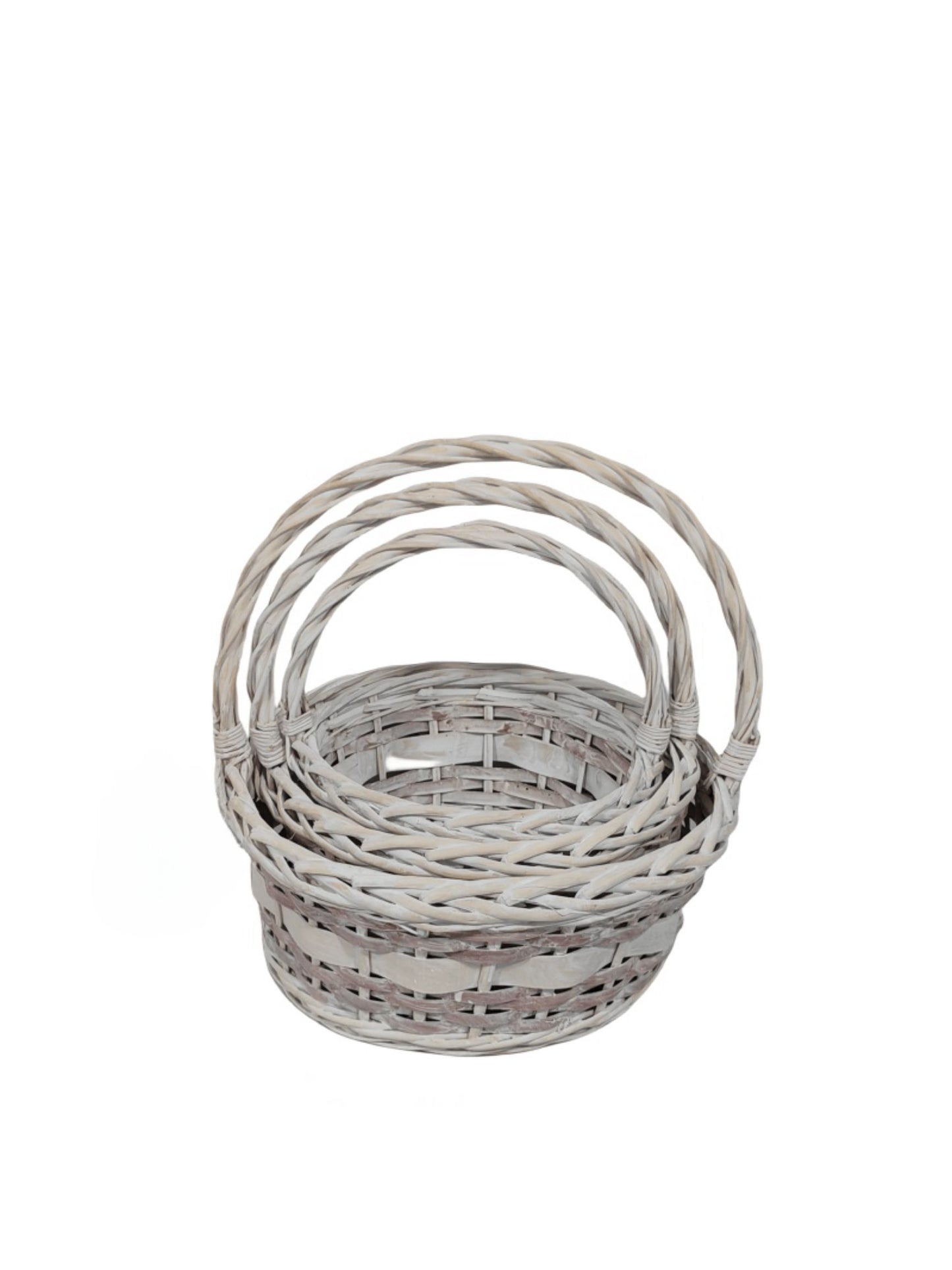 3-Piece Set White and Brown Round Basket with Handle 15W x 6H -- 12 Per Case