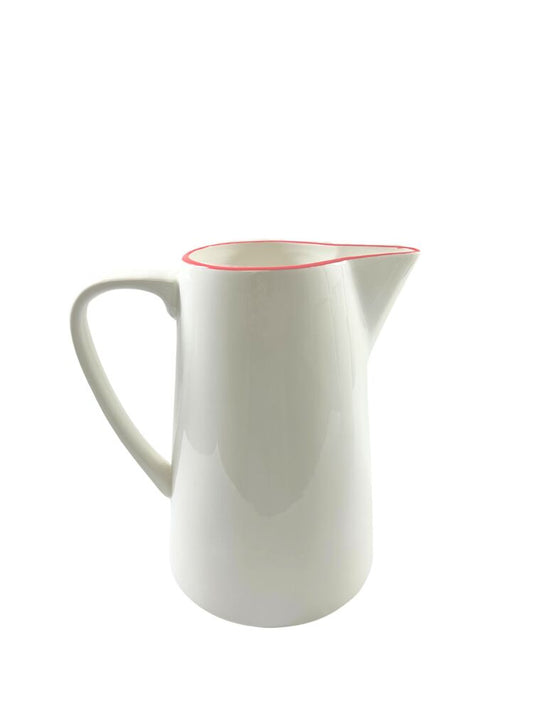 10 Inch White Pitcher Red Rim Ceramic Vase 4.5W x 10H -- 8 Per Case
