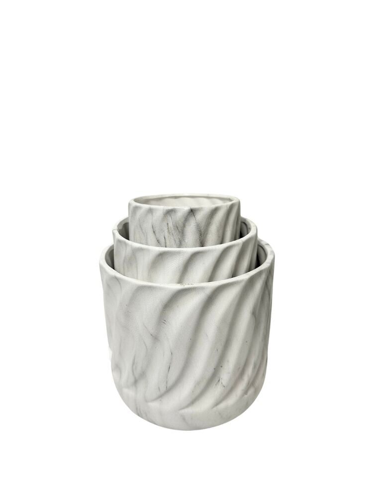 3-Piece Set Marble Finish White Round Ceramic Pot 8W x 7.5H 6.5W x 6.5H 5W 5H -- 4 Per Case