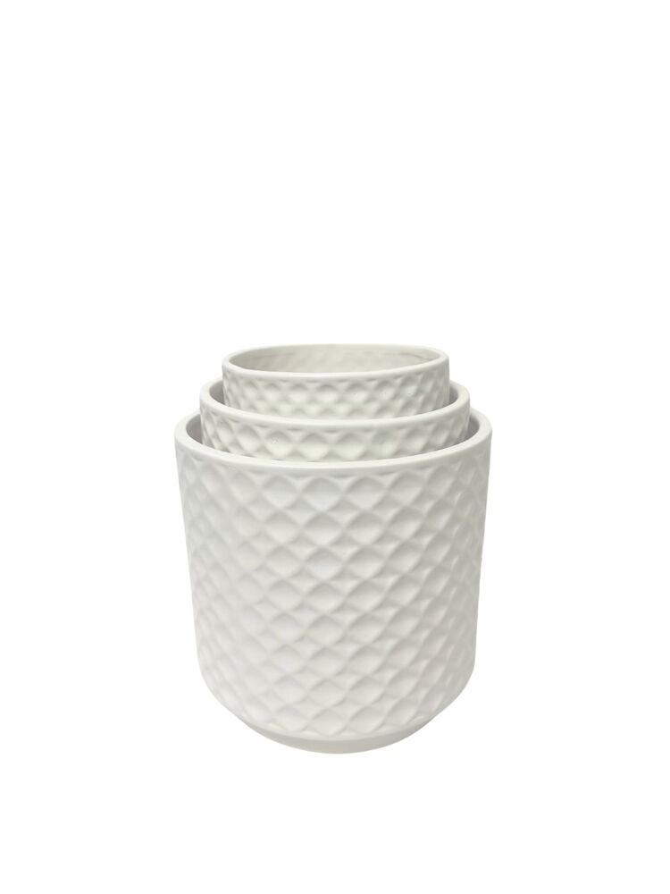 3-Piece Set Matte White Round Ceramic Pot with Pressed Diamond Lattice Pattern 8W x 7.5H 6.5W x 6.5H 5W x 5H -- 4 Per Case