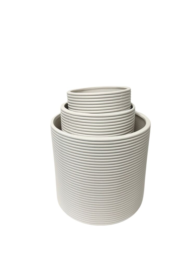 3-Piece Set Matte White Round Ceramic Pot with Ribbed Pattern 8W x 7.5H 6W x 6H 5W x 5H -- 4 Per Case