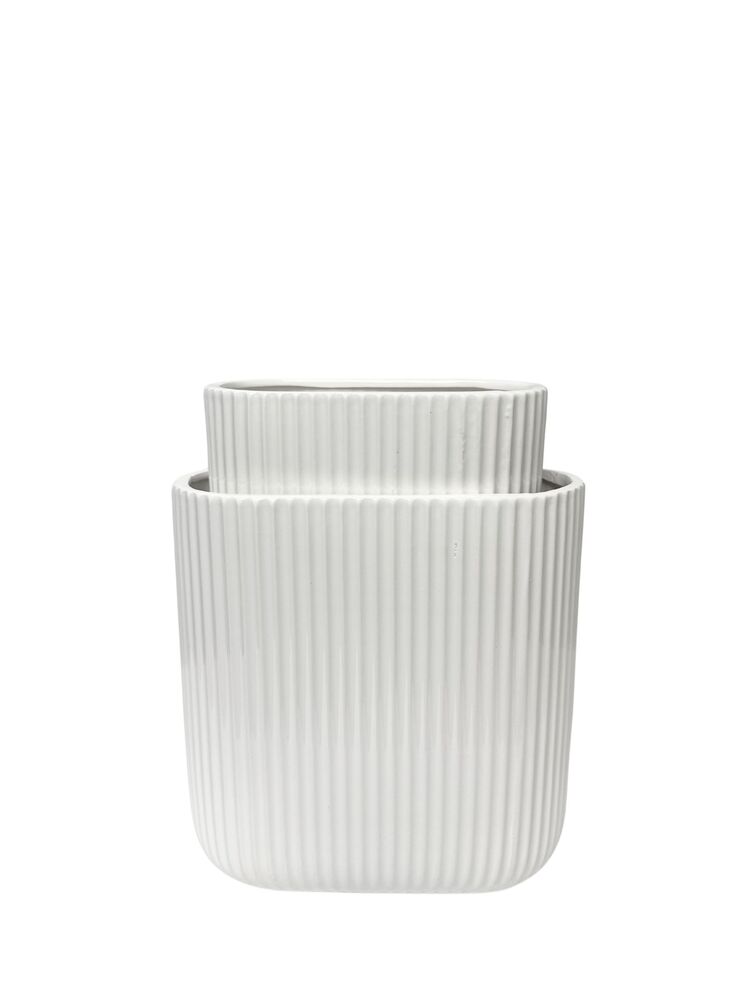 2-Piece Set Glossy White Oval Ceramic Pot with Embossed Corrugated Pattern 10L x 5.5W x 10H 8L x 4W x 8H -- 4 Per Case