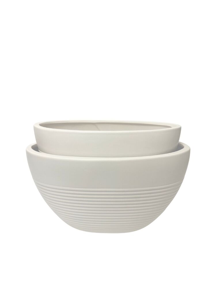 2-Piece Set Matte White Low Oval Ceramic Pot with Embossed Stripe Pattern 13L x 7W x 6.5H 11.75L x 5.5W x 5.5H -- 4 Per Case