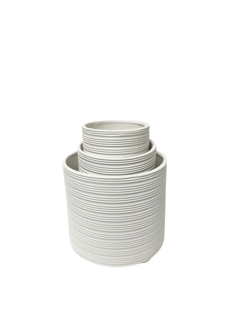 3-Piece Set Matte White Round Ceramic Pot with Embossed Ribbed Pattern 8W x 7.5H 6.W x 6H 5W x 5H -- 4 Per Case