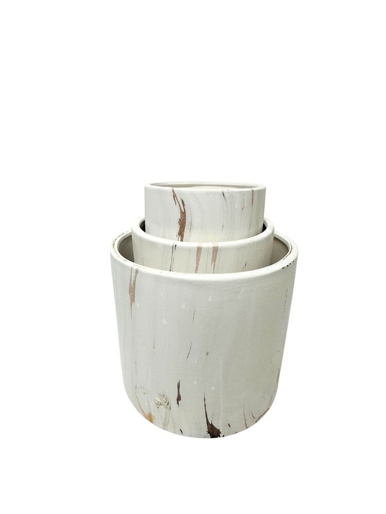 3-Piece Set Matte White Cylinder Ceramic Pot with Abstract Design 8W x 7.5H 6W x 6H 5W x 5H -- 4 Per Case