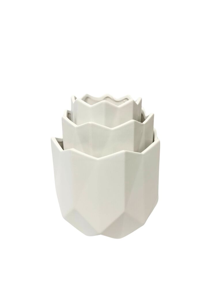 3-Piece Set Matte White Round Tapered Bottom w/ Geometric Design Ceramic Vase 8W x 7H 6.5W x 6H 5W x 5H -- 4 Per Case